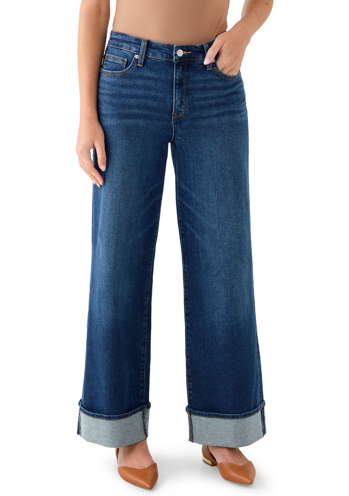 Womens High Rise Wide Leg Cuffed Jeans