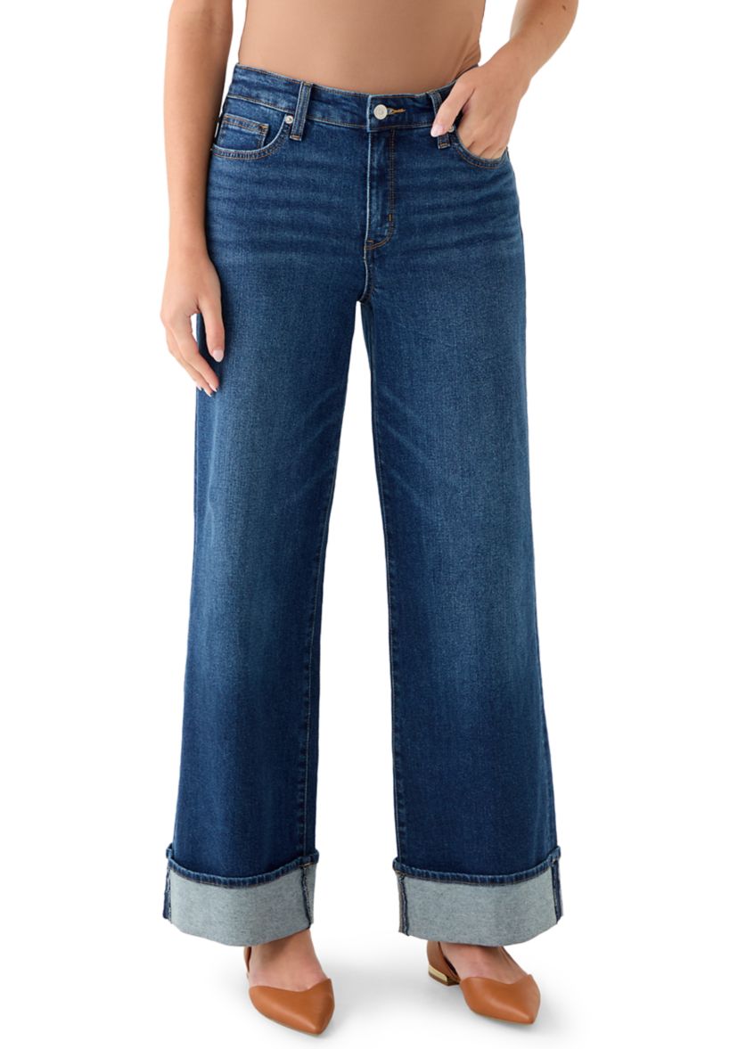 Womens High Rise Wide Leg Cuffed Jeans