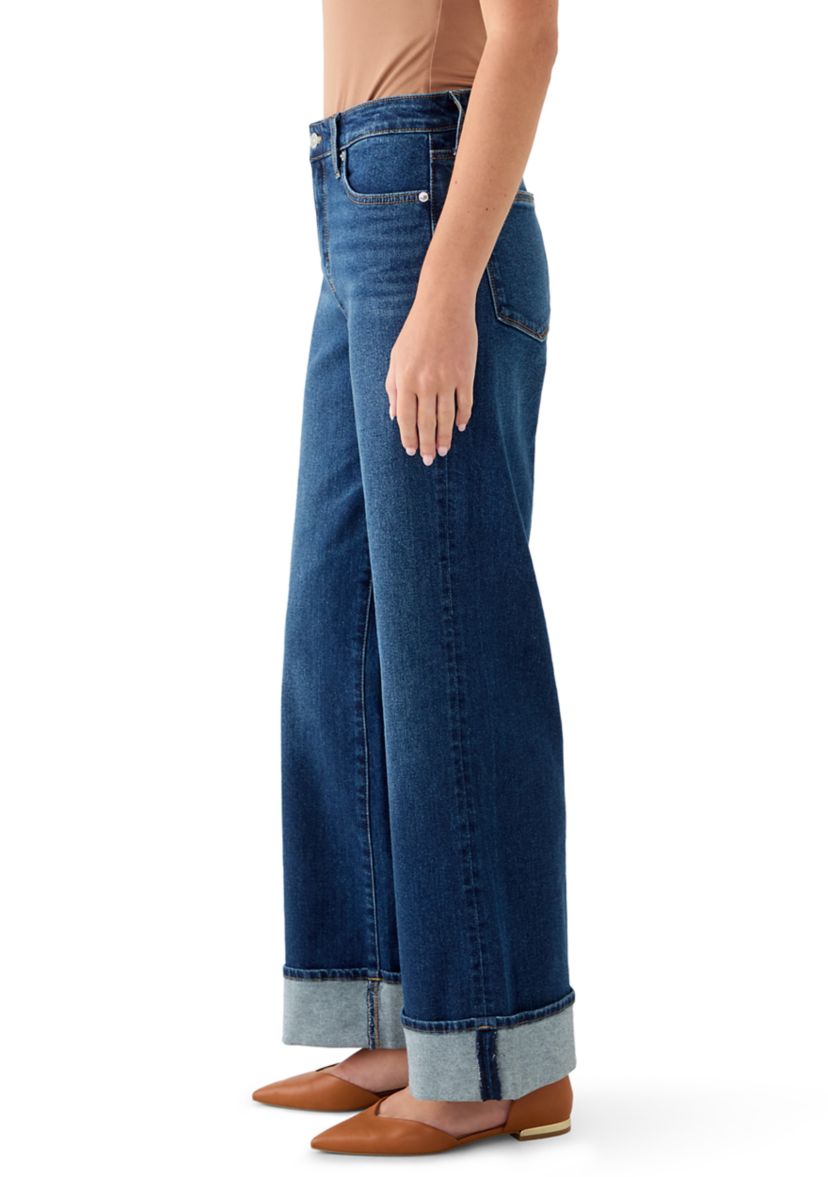 Womens High Rise Wide Leg Cuffed Jeans