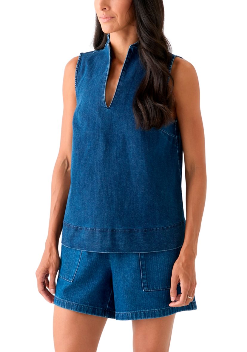 Womens Sleeveless Swing Split Neck Denim Top