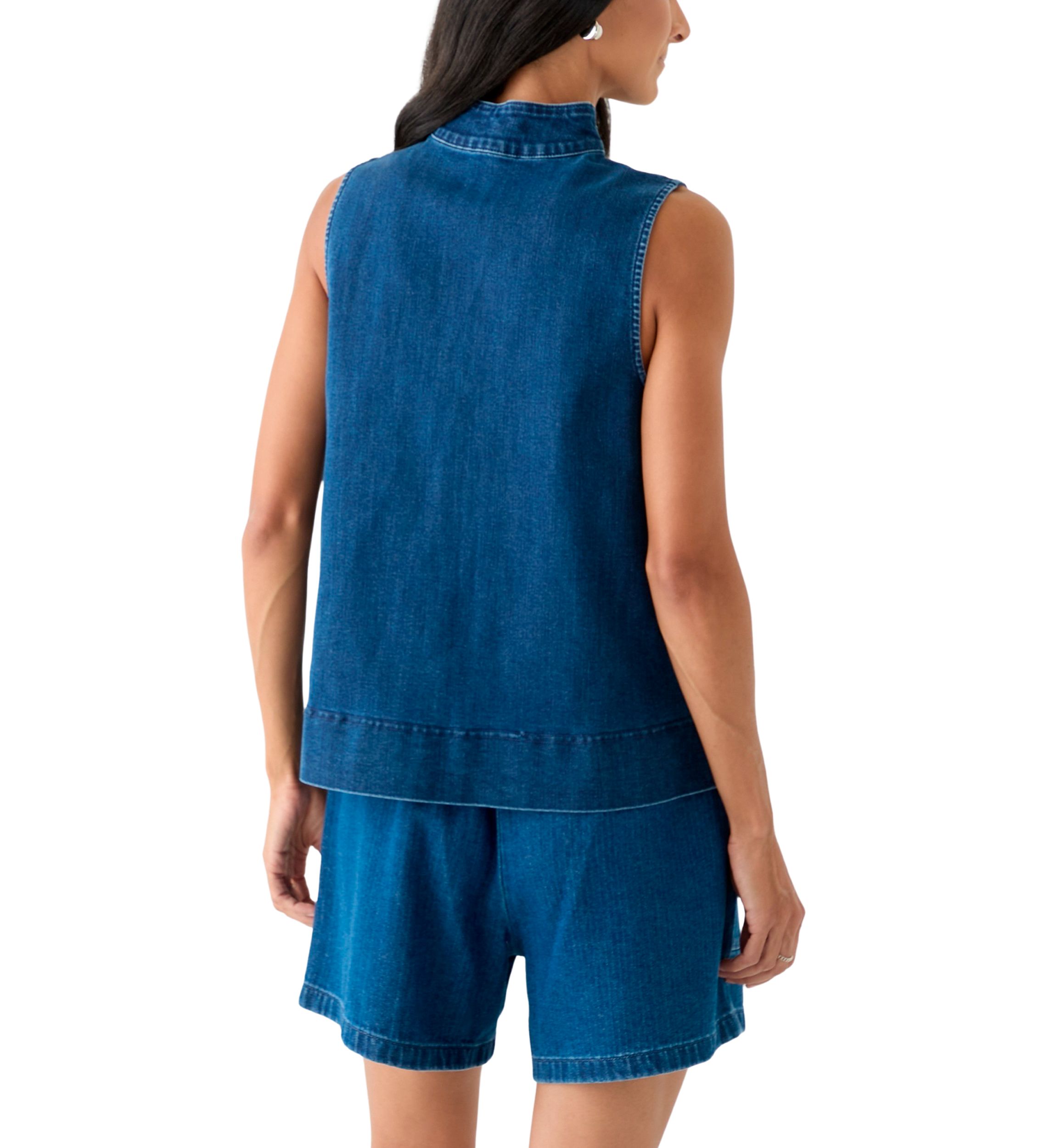 Womens Sleeveless Swing Split Neck Denim Top