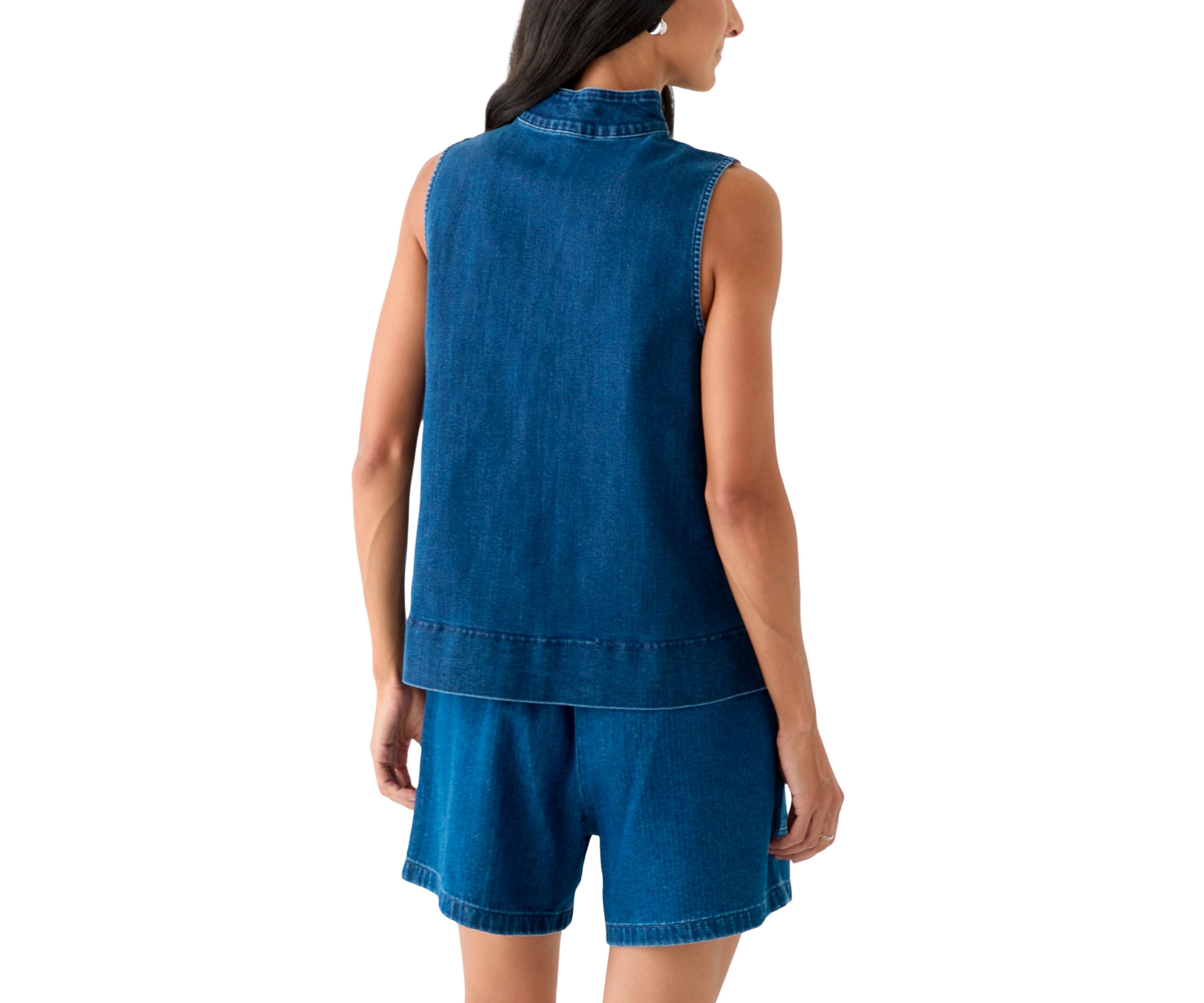 Womens Sleeveless Swing Split Neck Denim Top