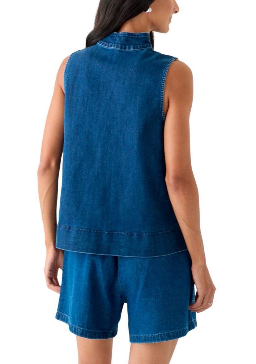 Womens Sleeveless Swing Split Neck Denim Top