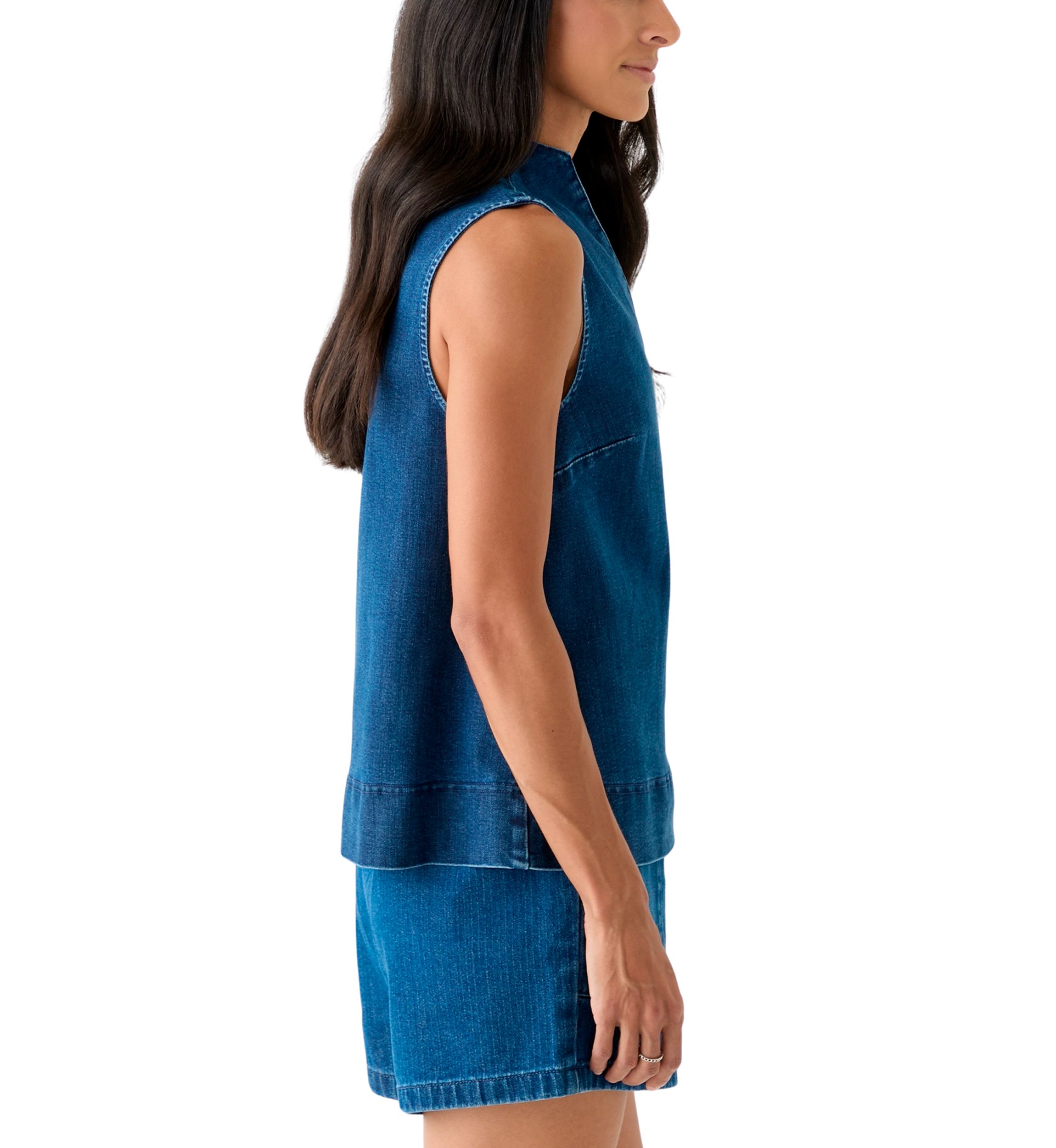 Womens Sleeveless Swing Split Neck Denim Top