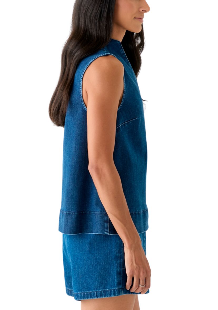 Womens Sleeveless Swing Split Neck Denim Top