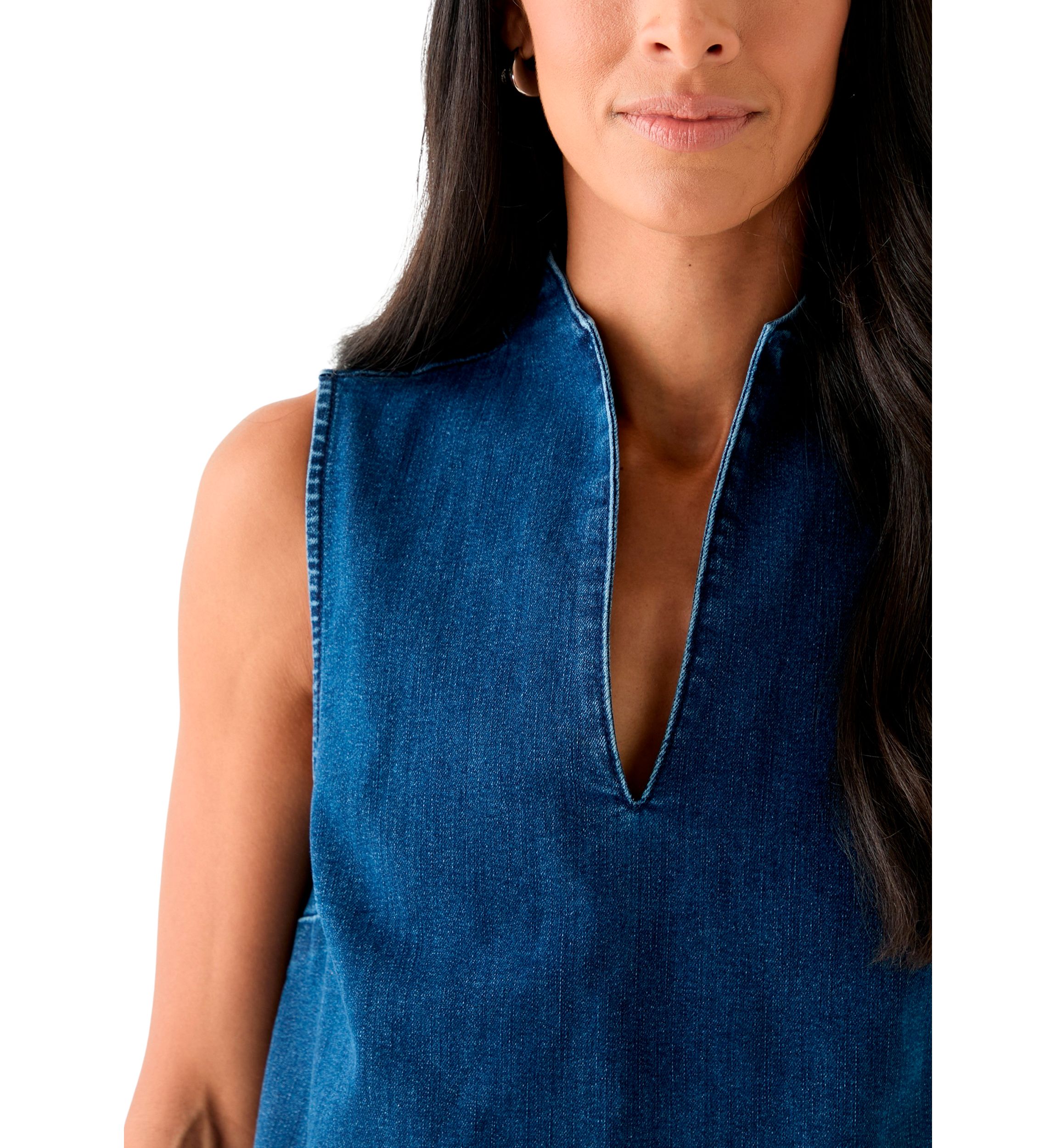 Womens Sleeveless Swing Split Neck Denim Top