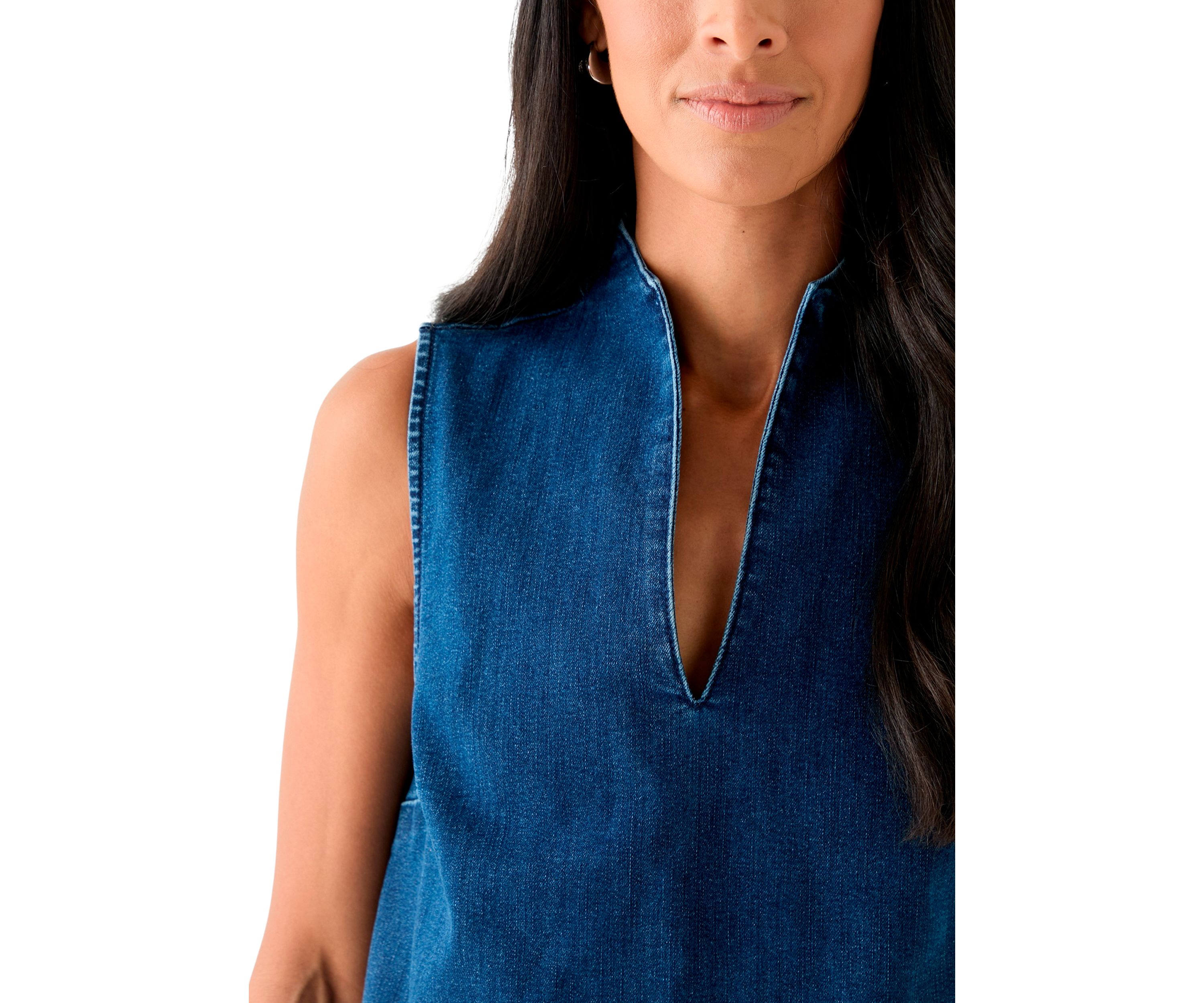 Womens Sleeveless Swing Split Neck Denim Top