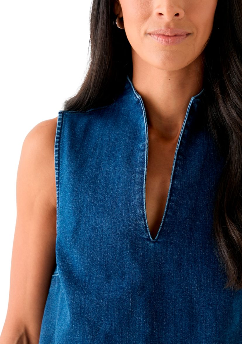 Womens Sleeveless Swing Split Neck Denim Top