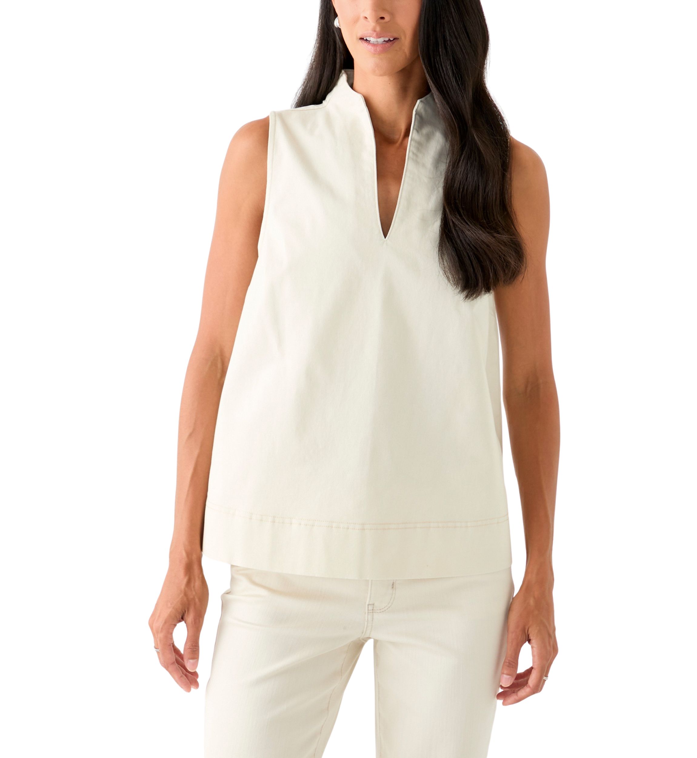 Womens Sleeveless Swing Split Neck Denim Top