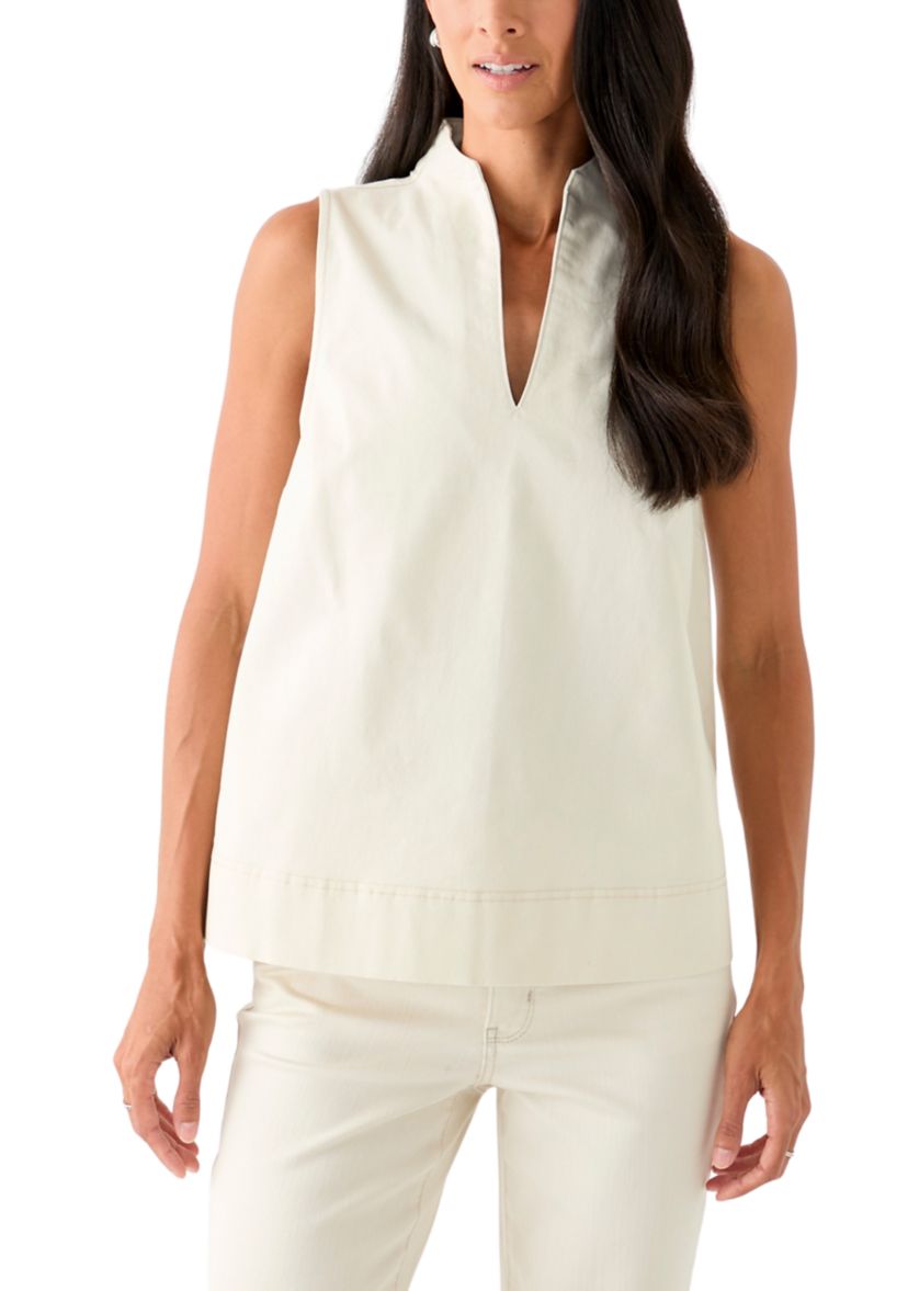 Womens Sleeveless Swing Split Neck Denim Top