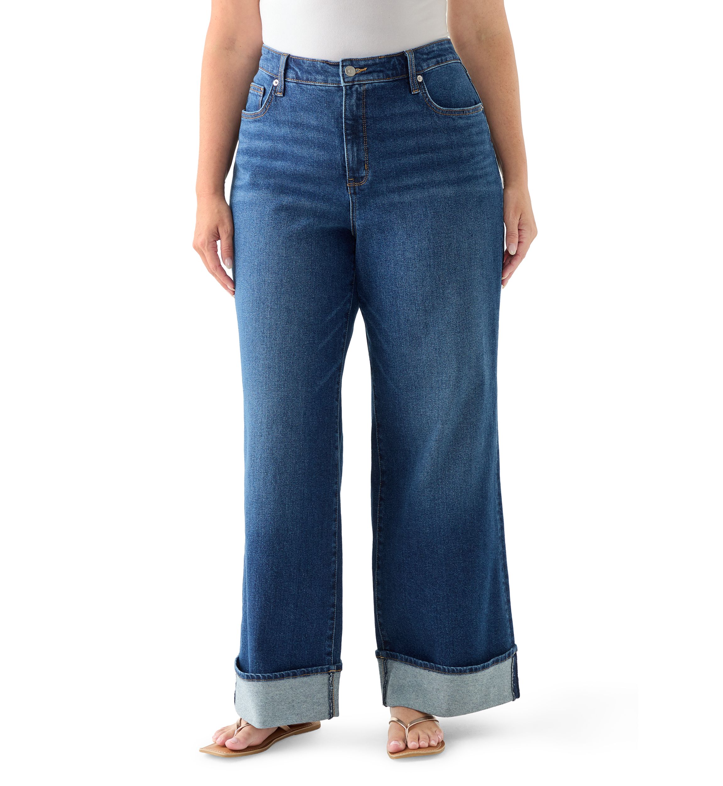 Plus Size High Rise Cuffed Wide Leg Jeans