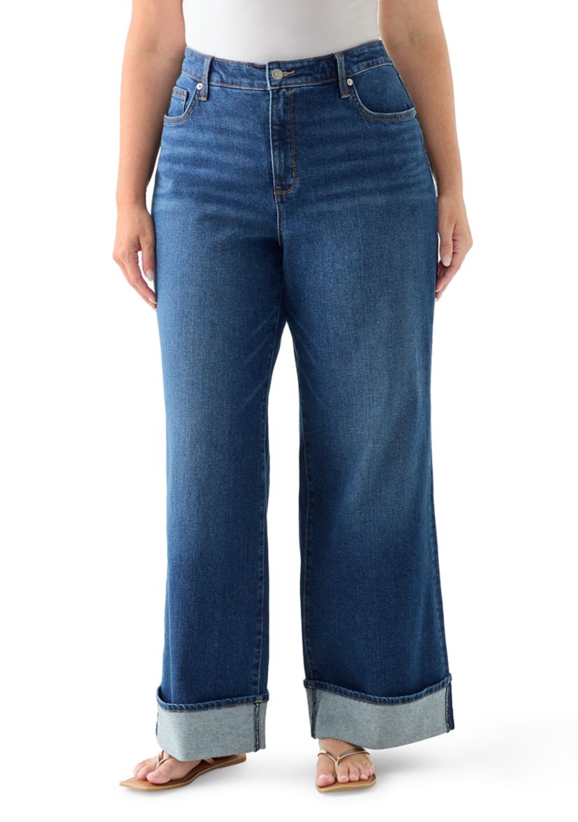 Plus Size High Rise Cuffed Wide Leg Jeans