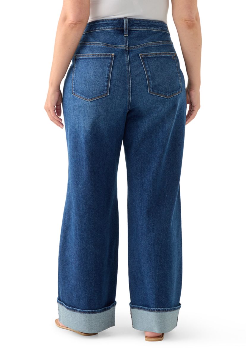 Plus Size High Rise Cuffed Wide Leg Jeans