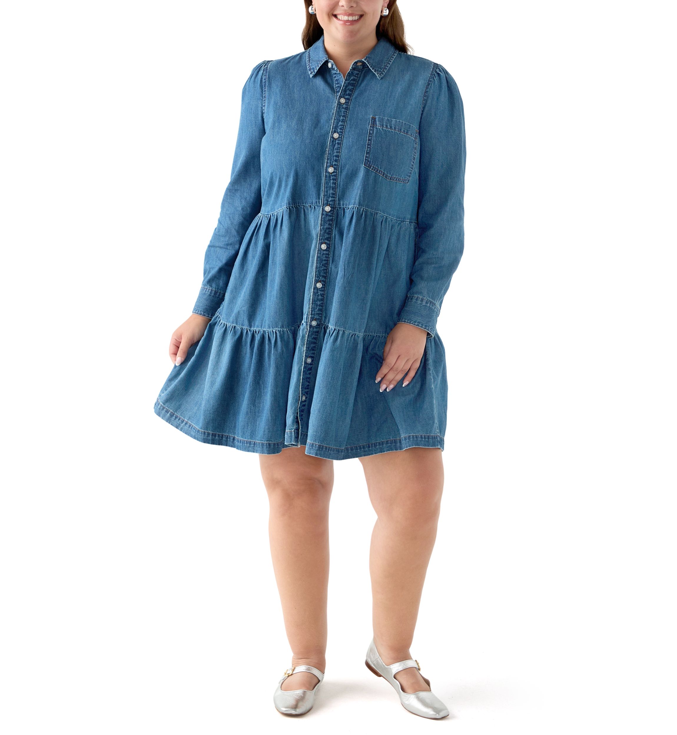 Plus Size Long Sleeve Button Front Denim Dress