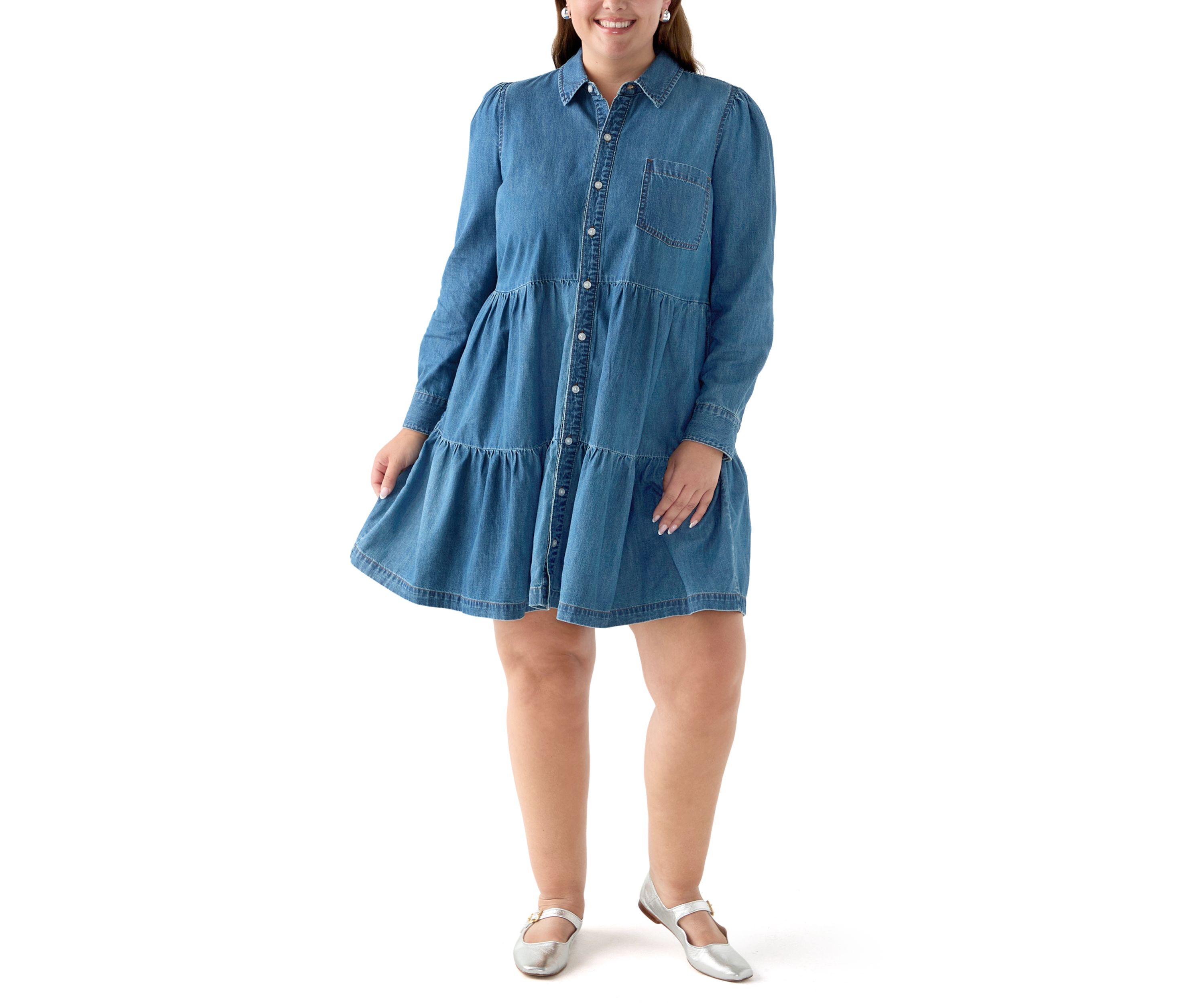 Plus Size Long Sleeve Button Front Denim Dress