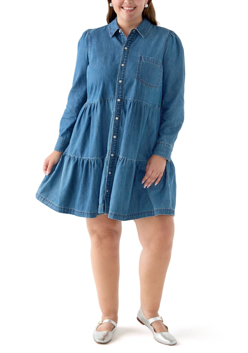 Plus Size Long Sleeve Button Front Denim Dress