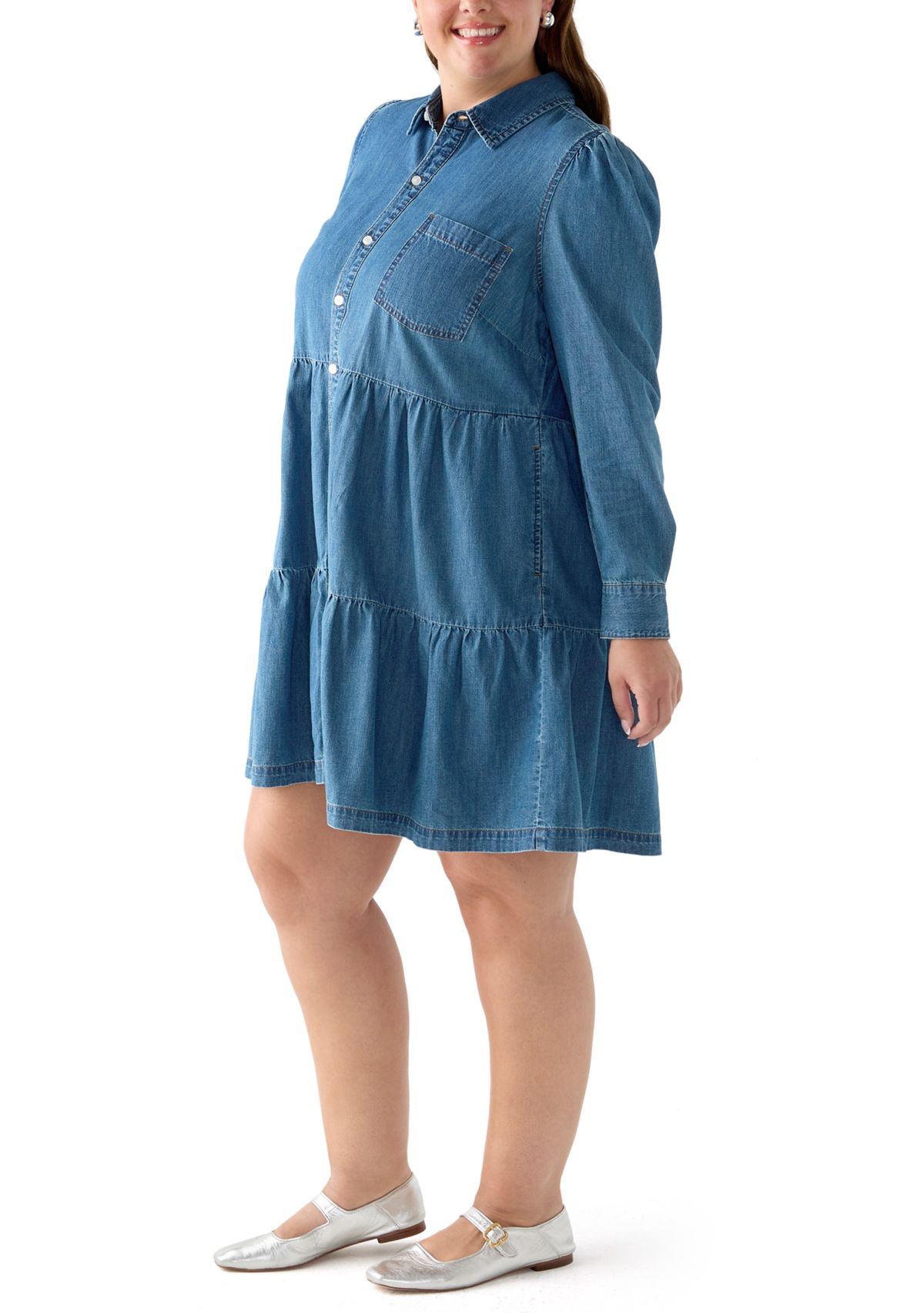 Plus Size Long Sleeve Button Front Denim Dress
