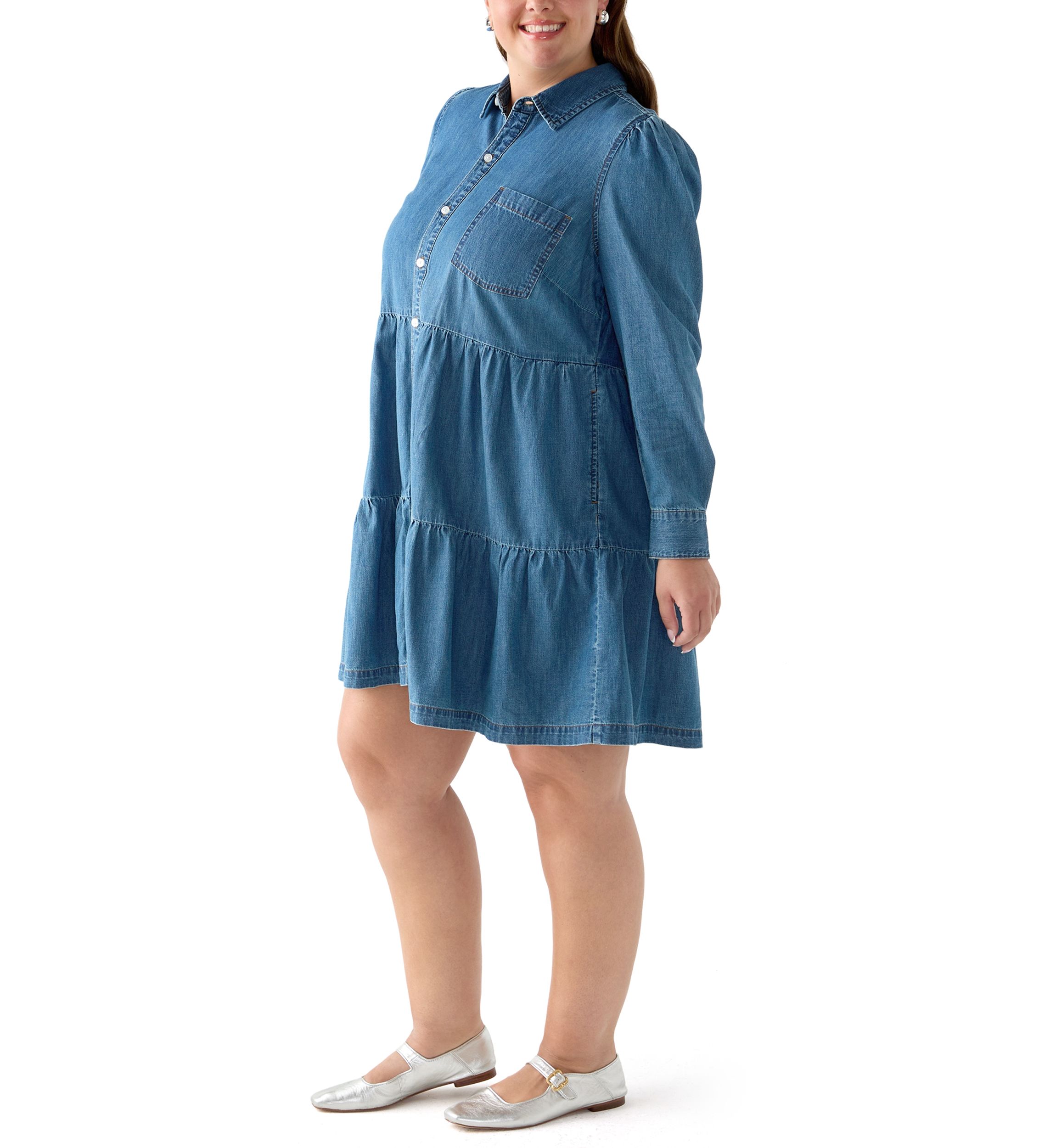 Plus Size Long Sleeve Button Front Denim Dress