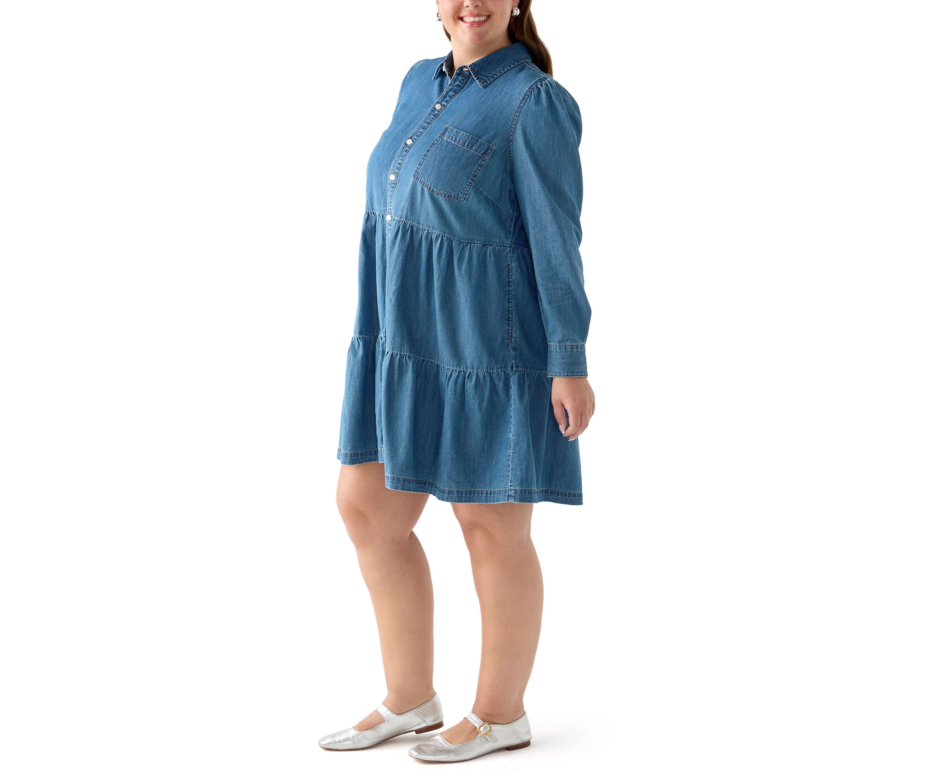 Plus Size Long Sleeve Button Front Denim Dress