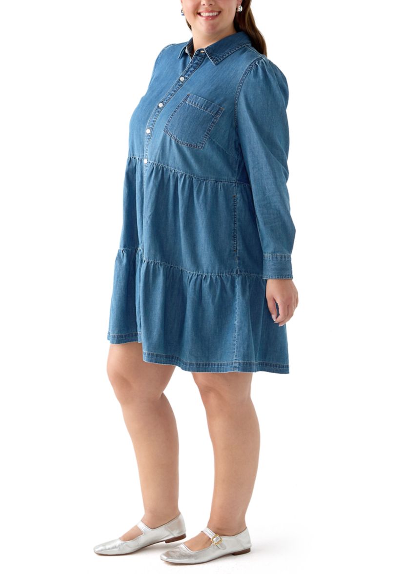 Plus Size Long Sleeve Button Front Denim Dress