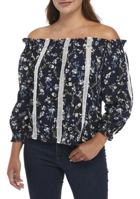 ENGLISH FACTORY Women's Printed Floral Off The Shoulder Top, Navy Blue, XS