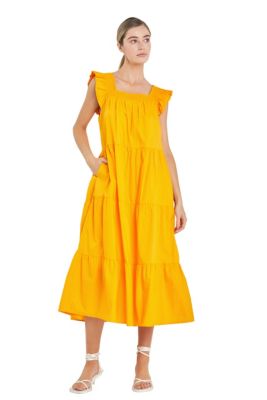 ENGLISH FACTORY Women's Ruffle Detail Midi Dress, Orange, Medium