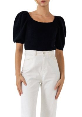 ENGLISH FACTORY Women's Short Puff Sleeve Sweater, Black, Large