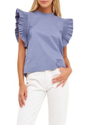 ENGLISH FACTORY Women's Ruffle Sleeve Poplin Top, Blue, Small