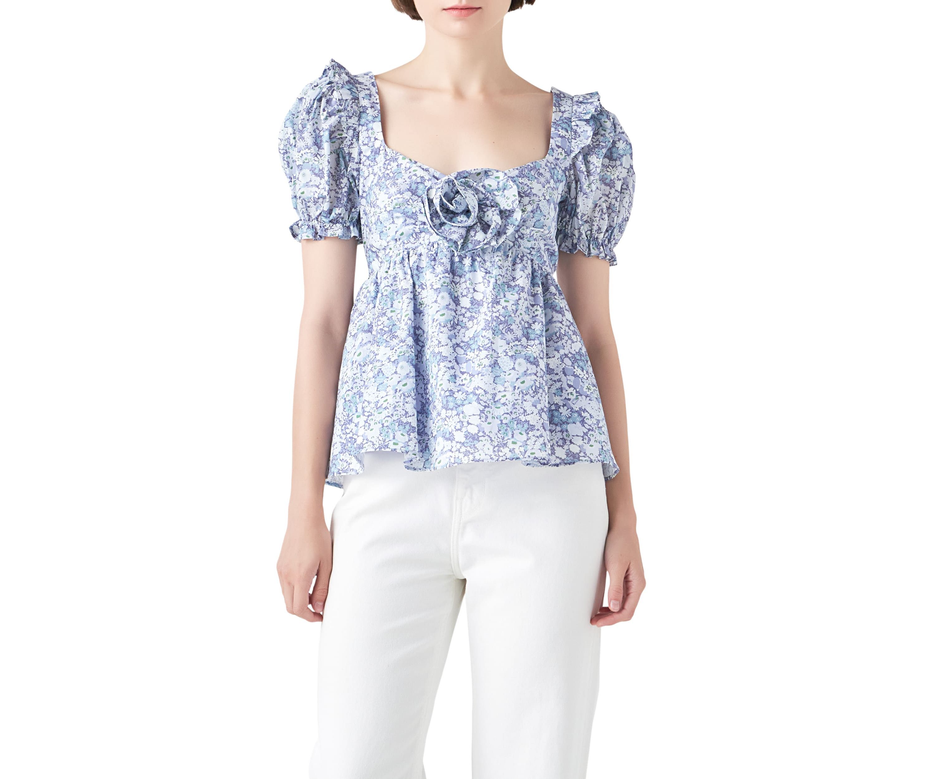 Floral Print Top With Flower