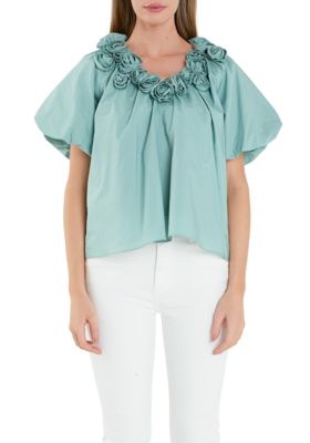 ENGLISH FACTORY Women's Flower Neckline Puff Sleeve Top, Sage, XS