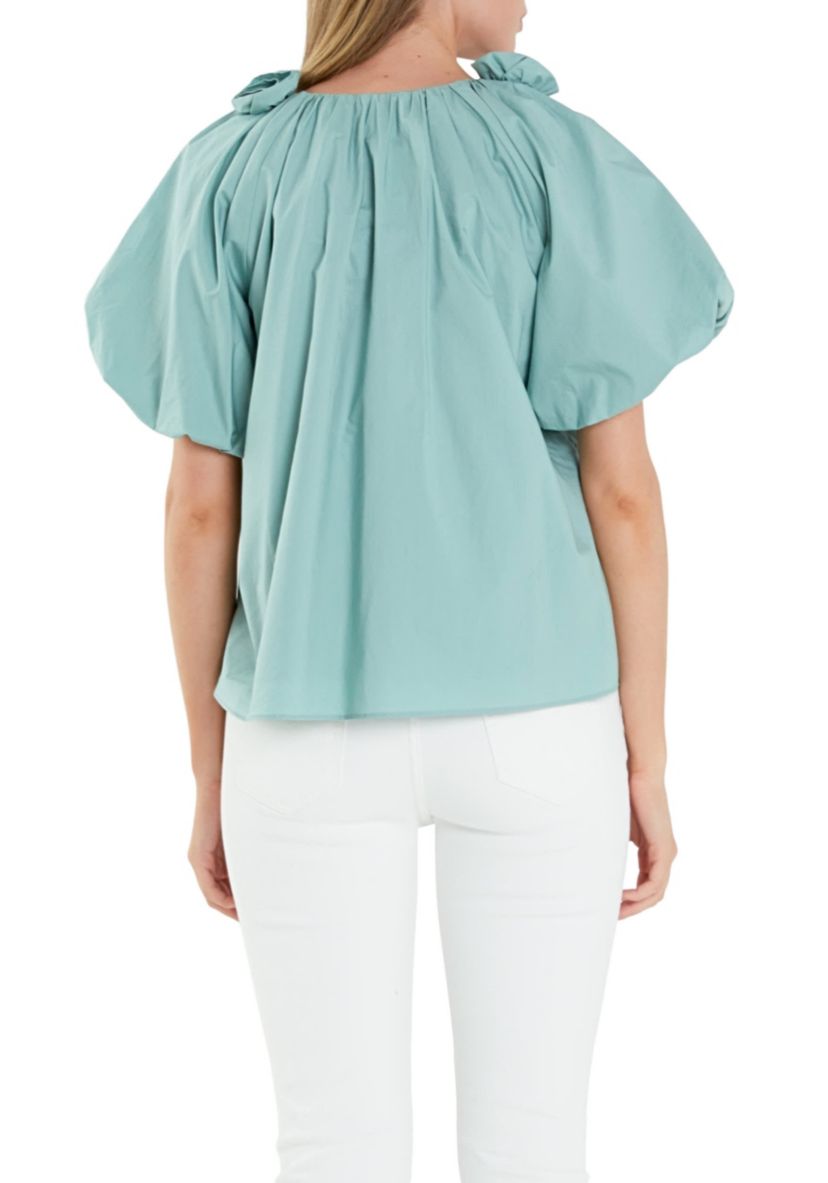 Flower Neckline Puff Sleeve Top