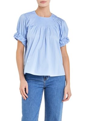 ENGLISH FACTORY Women's Tuck Detail Blouse, Blue, Small