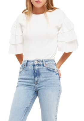 ENGLISH FACTORY Women's Layered Ruffles Mixed Media Top, White, XS