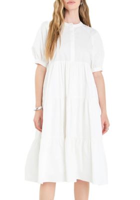 ENGLISH FACTORY Women's Short Puff Sleeve Midi Dress, White, Large