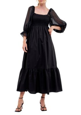 ENGLISH FACTORY Women's Poplin Organza Midi Dress, Black, Large