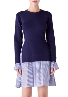 ENGLISH FACTORY Women's Poplin Combo Knit Dress, Navy Blue, Small