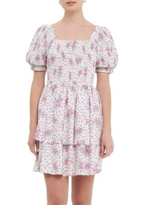ENGLISH FACTORY Women's Tiered Smocked Mini Dress, Lilac, Large