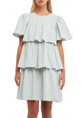 ENGLISH FACTORY Women's Gingham Print Tiered Dress, Large