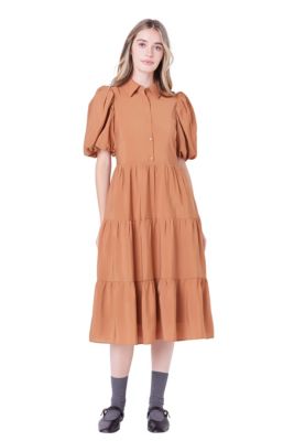 ENGLISH FACTORY Women's Quarter Sleeve Bow Tie Maxi Dress, Brown, Small