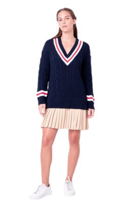 ENGLISH FACTORY Women's Cable Knit Pleated Sweater Dress, Navy Blue, Small