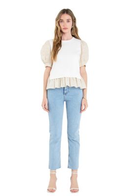 ENGLISH FACTORY Women's Floral Mixed Media Top, Ivory, Small