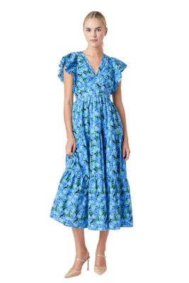 ENGLISH FACTORY Women's Printed Open Back Maxi Dress, Blue, Large