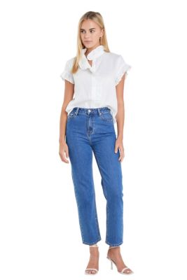 ENGLISH FACTORY Women's Linen Ruffle Shirt, White, Medium