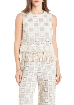 ENGLISH FACTORY Women's Crochet Patchwork Sleeveless Top, Beige, XS