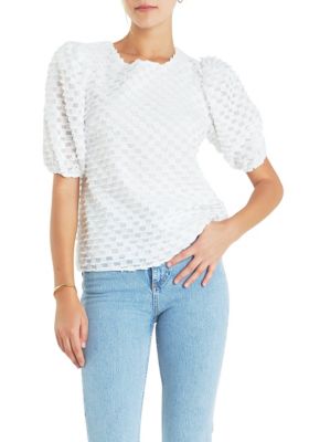 ENGLISH FACTORY Women's Textured Puff Sleeve Top, White, Small