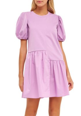 ENGLISH FACTORY Women's Knit Woven Mixed Dress, Lilac, Large