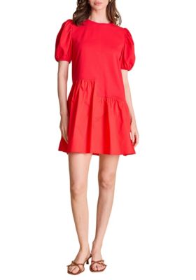 ENGLISH FACTORY Women's Knit Woven Mixed Dress, Red, Medium