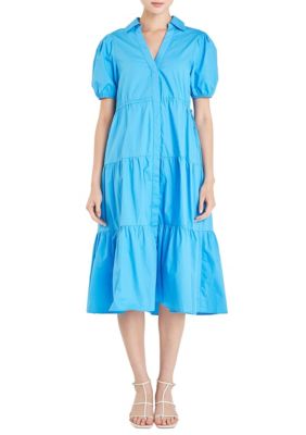 ENGLISH FACTORY Women's Puff Sleeve Tiered Midi Dress, Blue, Small