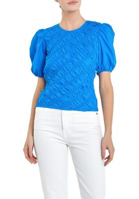 ENGLISH FACTORY Women's Asymmetrical Smocked Top, Blue, Medium