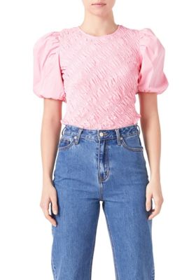 ENGLISH FACTORY Women's Asymmetrical Smocked Top, Pink, XS